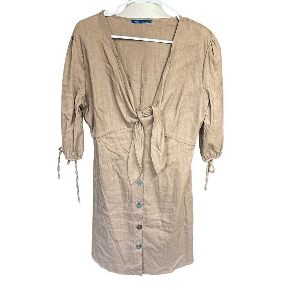 Shore Brand Dress Linen Blend Tie-neck Large Beige USA Fit Flare Coastal Beach